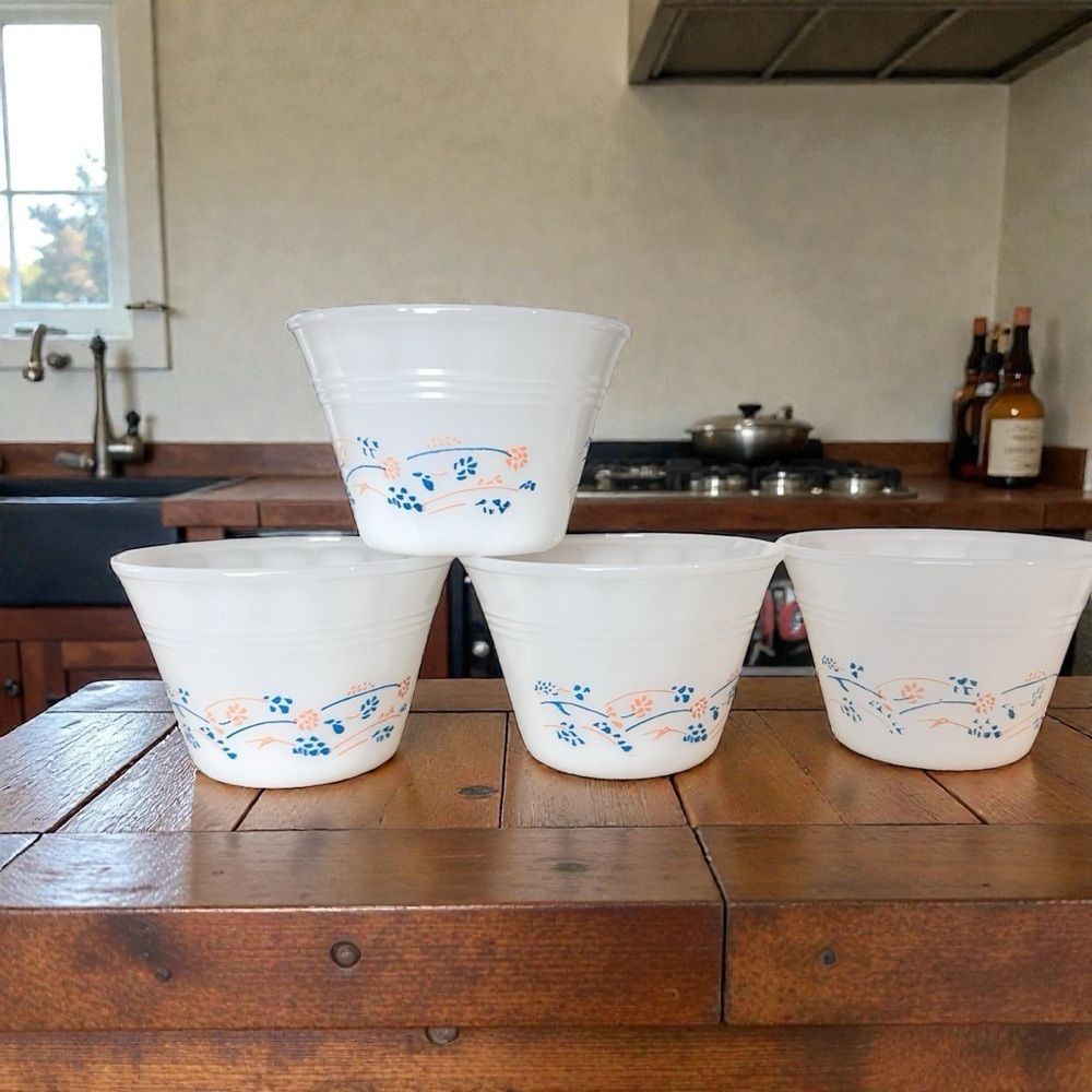 Vintage Termocrisa milk glass ramekins/custard cups, 4, florals, MCM Kitchen